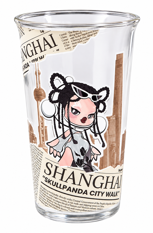 POP MART SKULLPANDA Shanghai Series 370ml regional exclusive glass cup on white background