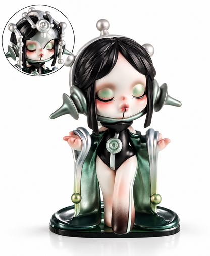 Pop Mart SKULLPANDA The Sound Series The Serenity collectible figure featuring black hair, closed eyes, mint-green eyeshadow and a metallic green and silver outfit.