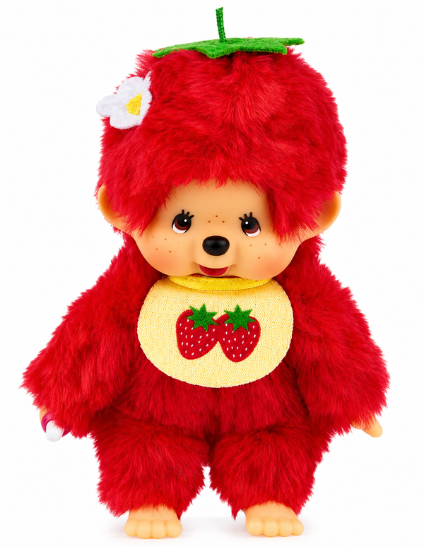 Sekiguchi Monchhichi Fruit Color Strawberry Red plush with red fur, yellow strawberry bib and green leaf top, front view