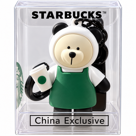 Starbucks China Exclusive Panda Bearista keychain in original clear presentation box featuring panda figure, green apron and Starbucks branding.