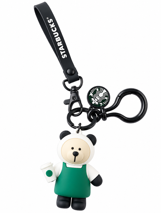 Starbucks Panda Bearista keychain featuring black Starbucks wrist strap, metal attachments, logo charm and cute panda figure holding a coffee cup against a white background.