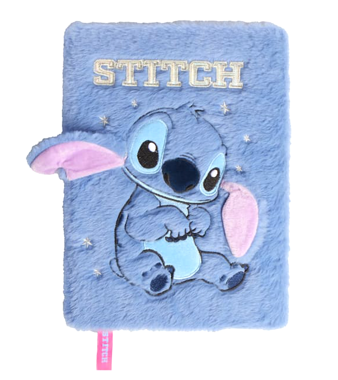 Disney Stitch A4 fluffy notebook featuring a soft pastel blue faux-fur cover, embroidered Stitch character with large pink ears, decorative stars, white STITCH lettering and pink ribbon bookmark, displayed against a white background.