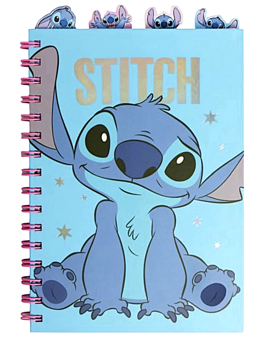 Disney Stitch spiral notebook featuring a pastel-blue cover, large smiling Stitch illustration, metallic-style Stitch lettering, pink spiral binding and four character dividers peeking above the pages.