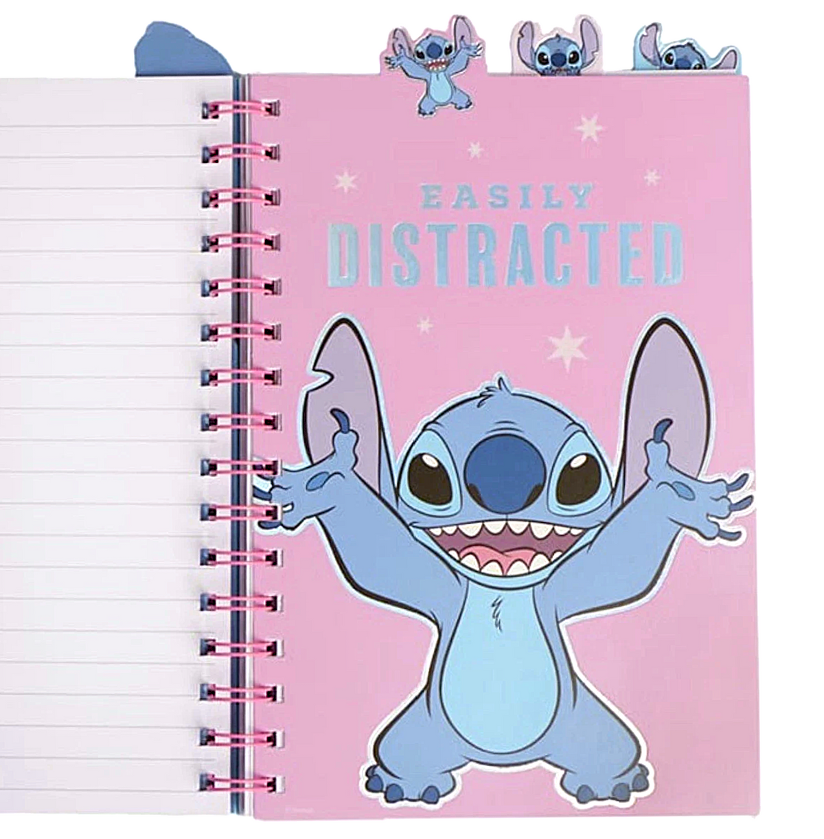 Open Disney Stitch notebook showing lined writing pages and a pink illustrated divider featuring Stitch with his arms raised and the words Easily Distracted.