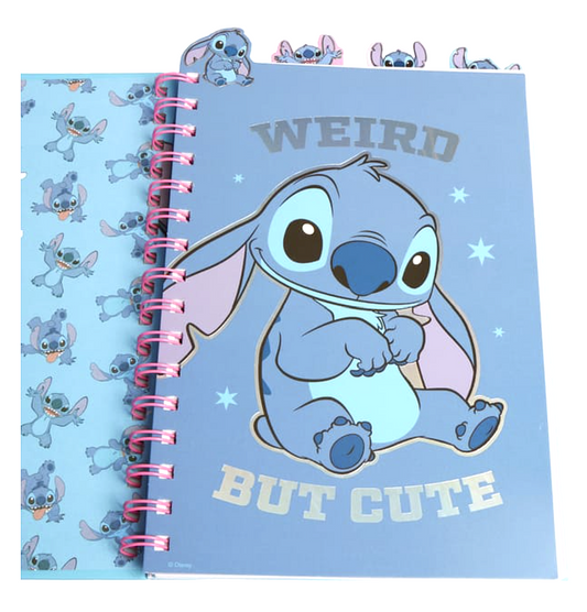 Disney Stitch spiral notebook opened to reveal a blue divider featuring a seated Stitch illustration, silver Weird But Cute lettering, pink spiral binding and patterned Stitch pages.