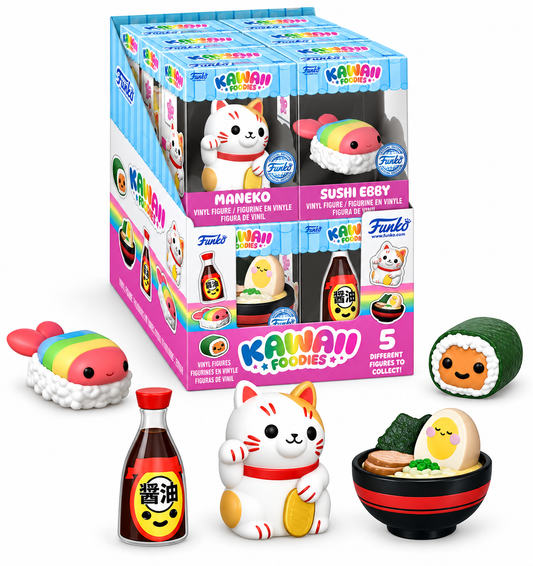 Funko Kawaii Foodies Special Edition vinyl figure collection featuring Maneko, Sushi Ebby, Ramen, Soy Sauce and Roll