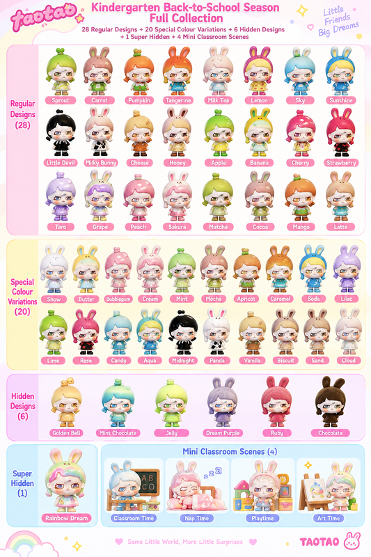 TAOTAO Kindergarten Back-to-School Season Mini Beans character line-up showing regular, special and hidden designs