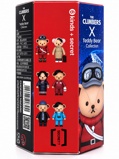 The Climbers × Teddy Bear Collection blind box showing six collectible bear character designs