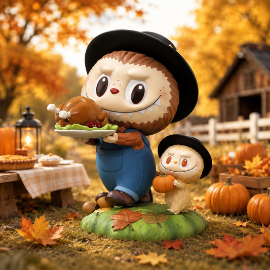 POP MART THE MONSTERS Thanksgiving Figurine featuring ZIMOMO carrying a turkey with LABUBU holding a pumpkin