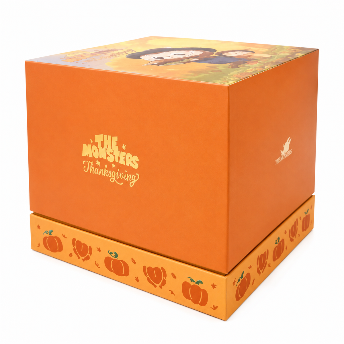 POP MART THE MONSTERS Thanksgiving Figurine orange presentation box with pumpkin design and original packaging