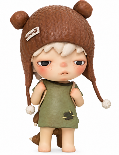 POP MART Hirono Vagrancy confirmed figure from The Other One Series 2021 wearing brown bear hat and green outfit