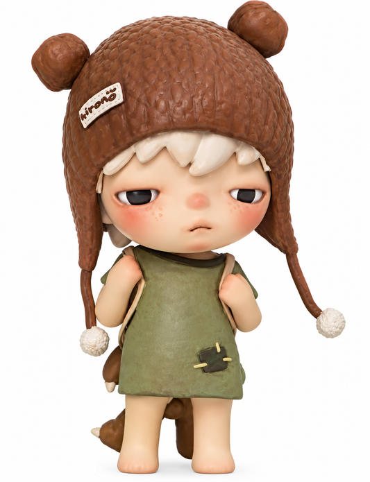 POP MART Hirono Vagrancy confirmed figure from The Other One Series 2021 wearing brown bear hat and green outfit