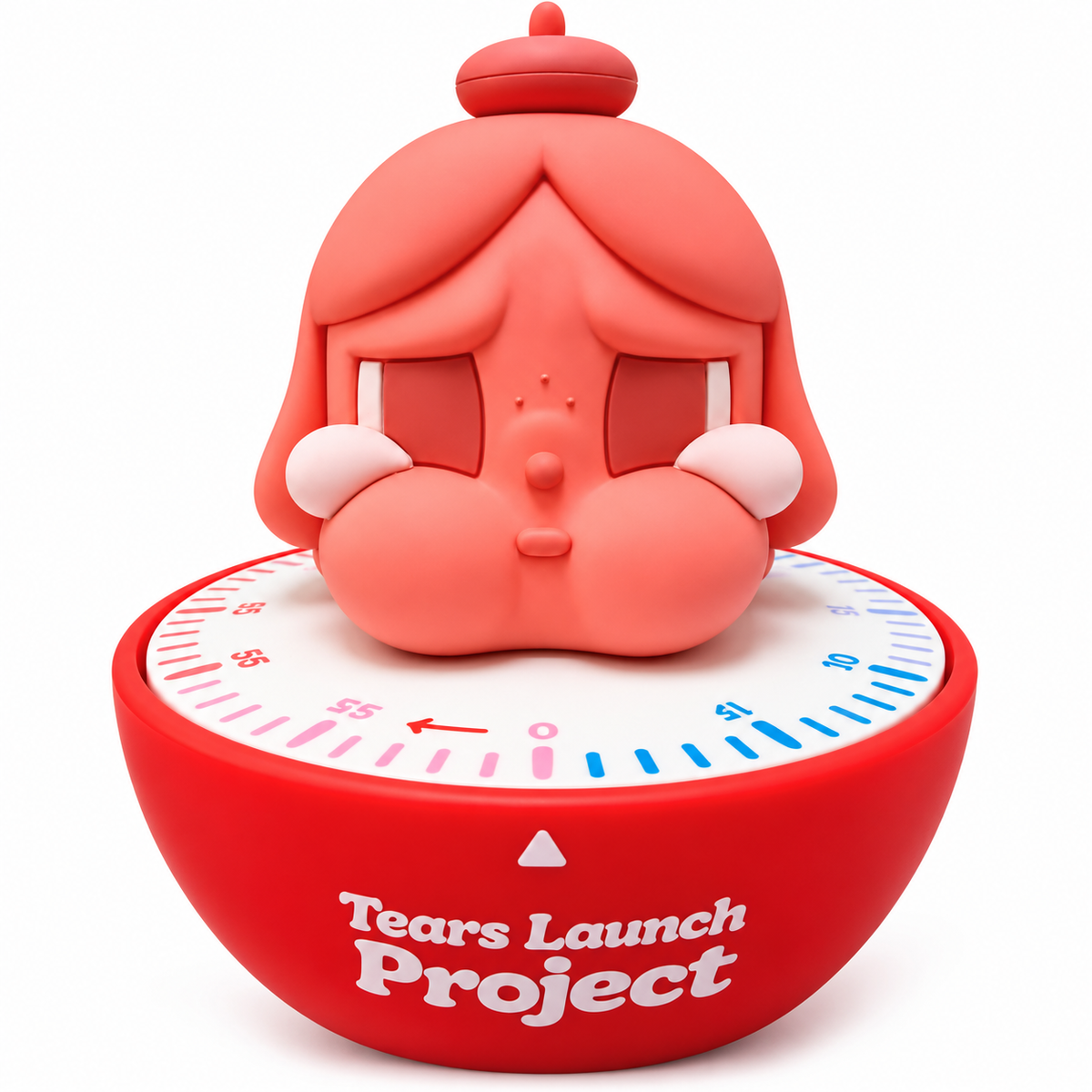 Pop Mart CRYBABY Tears Launch Project kitchen timer featuring pink CRYBABY character with oversized rosy cheeks sitting on a red timer base with colourful minute markings.