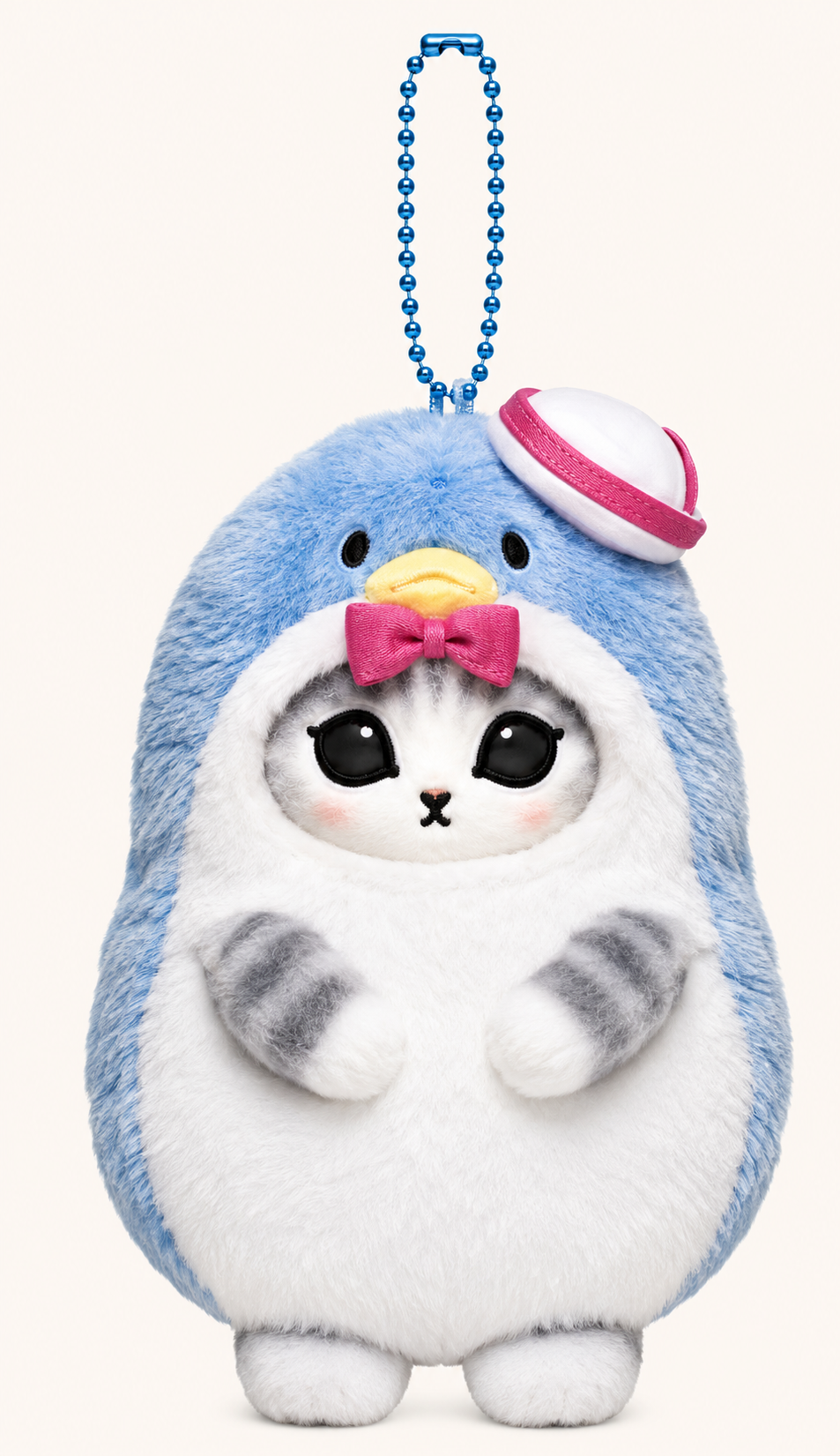 Mofusand cat plush keychain wearing a blue tuxedo sam character costume with pink hat and bow