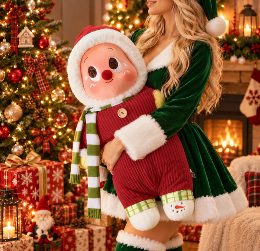 Blonde woman wearing a green Christmas outfit holding the oversized Pop Mart Twinkle Twinkle Christmas plush beside a decorated Christmas tree.