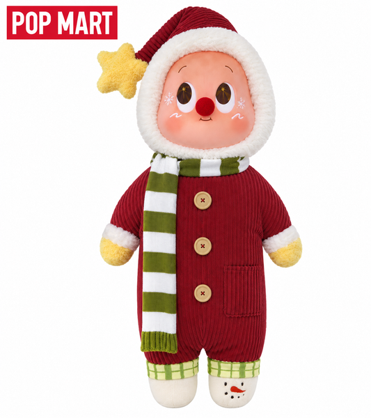 Pop Mart Twinkle Twinkle Apple of My Eye Christmas Plush Doll Pillow wearing a red festive outfit, Santa hood and green striped scarf.