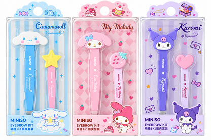 MINISO × Sanrio eyebrow tweezer kits featuring Cinnamoroll, My Melody and Kuromi in original pastel blue, pink and purple packaging.