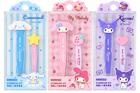 MINISO × Sanrio eyebrow tweezer kits featuring Cinnamoroll, My Melody and Kuromi in original pastel blue, pink and purple packaging.