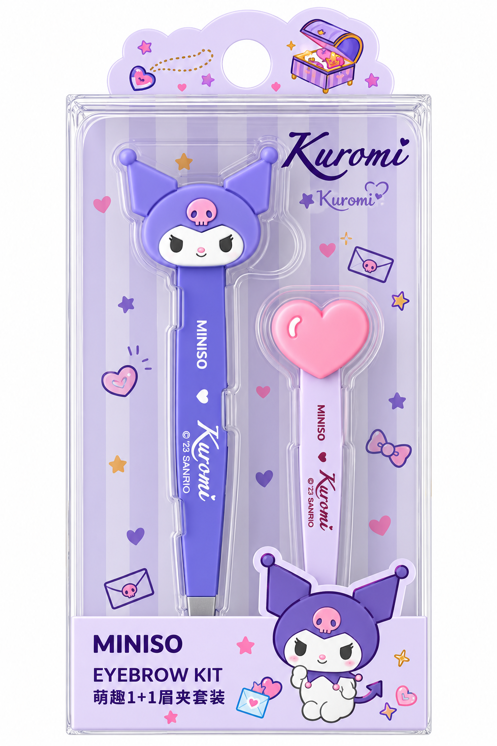 MINISO × Sanrio Kuromi eyebrow tweezer kit featuring purple Kuromi tweezers and lilac tweezers with a pink heart topper.