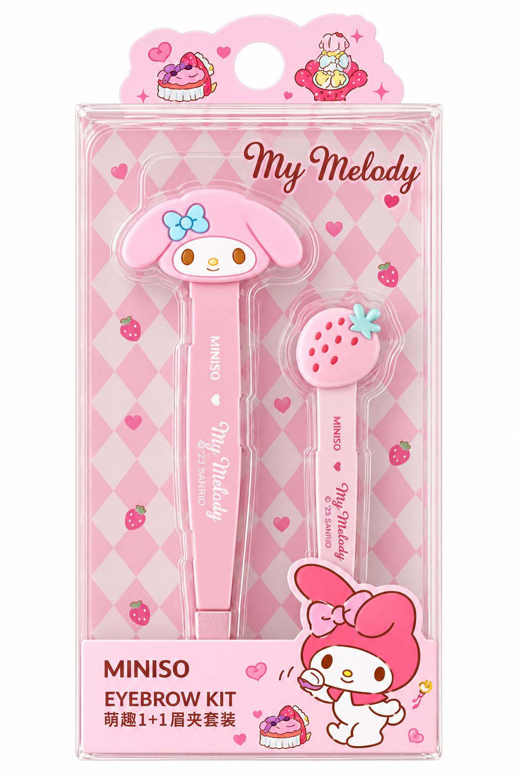 MINISO × Sanrio My Melody eyebrow tweezer kit featuring pink character tweezers and matching strawberry tweezers in original packaging.