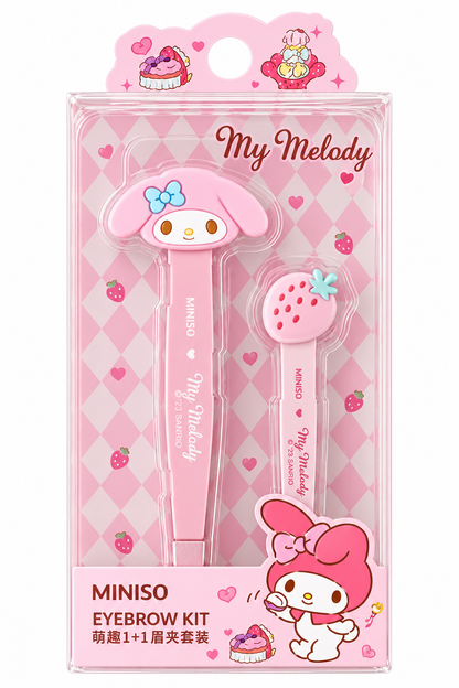 MINISO × Sanrio My Melody eyebrow tweezer kit featuring pink character tweezers and matching strawberry tweezers in original packaging.