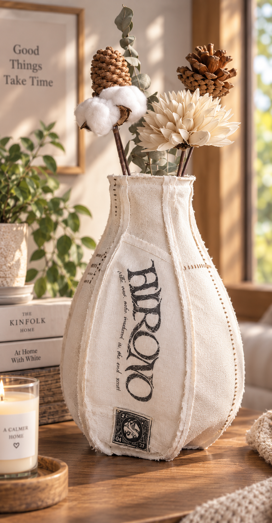 Rare Pop Mart HIRONO Inner Fortress fabric vase showing patchwork seams, raw-edge detailing and HIRONO design