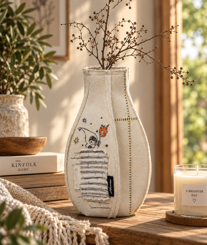 Pop Mart HIRONO Inner Fortress fabric vase showing large HIRONO lettering, distressed seams and decorative patch detail