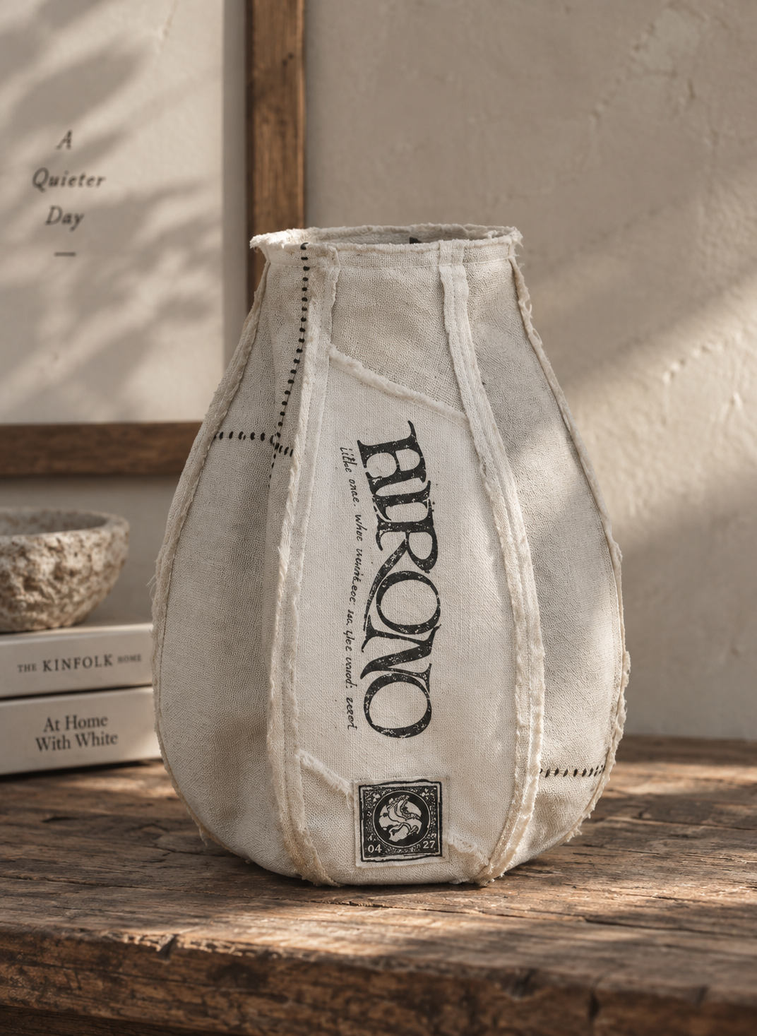 Pop Mart HIRONO Whisper Within Inner Fortress fabric vase with distressed cream textile outer and HIRONO character artwork