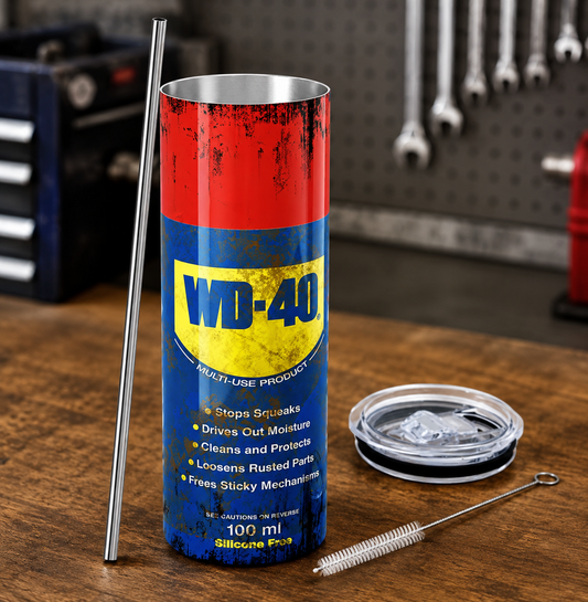 WD-40 style novelty insulated tumbler with clear lid and stainless steel straw