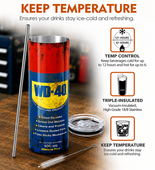 WD-40 style insulated travel tumbler with metal straw, lid and cleaning brush on workshop bench
