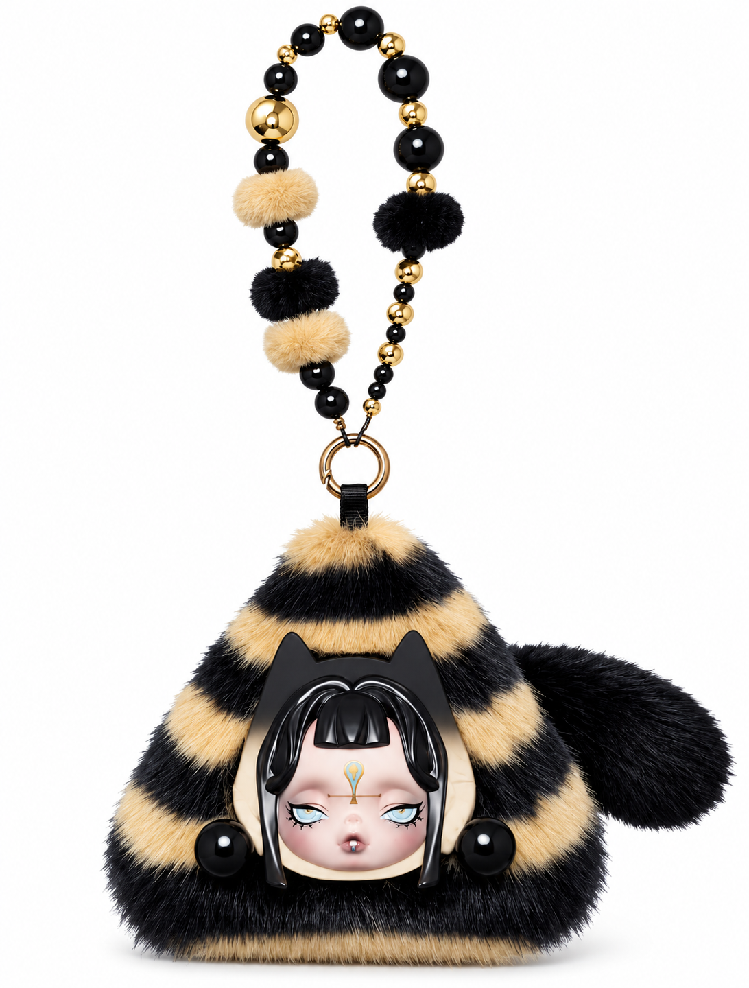 Pop Mart SKULLPANDA Where Time Dwells Mystic Veil Mini Bag featuring black and cream striped faux fur, character face and decorative beaded strap against a white background.