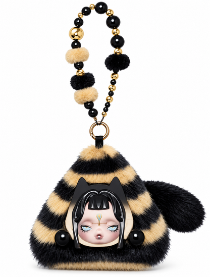 Pop Mart SKULLPANDA Where Time Dwells Mystic Veil Mini Bag featuring black and cream striped faux fur, character face and decorative beaded strap against a white background.