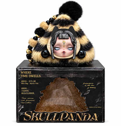Pop Mart SKULLPANDA Mystic Veil Mini Bag displayed on its original black Where Time Dwells presentation box.