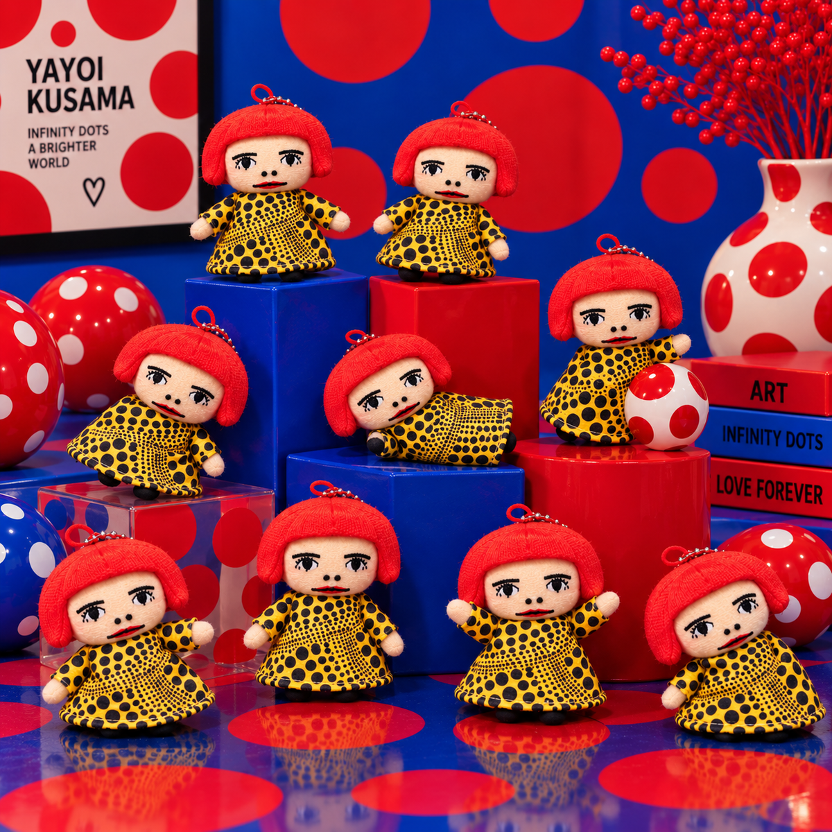 Ten custom-made Yayoi Kusama plush keychains arranged in surreal blue and red polka dot art scene
