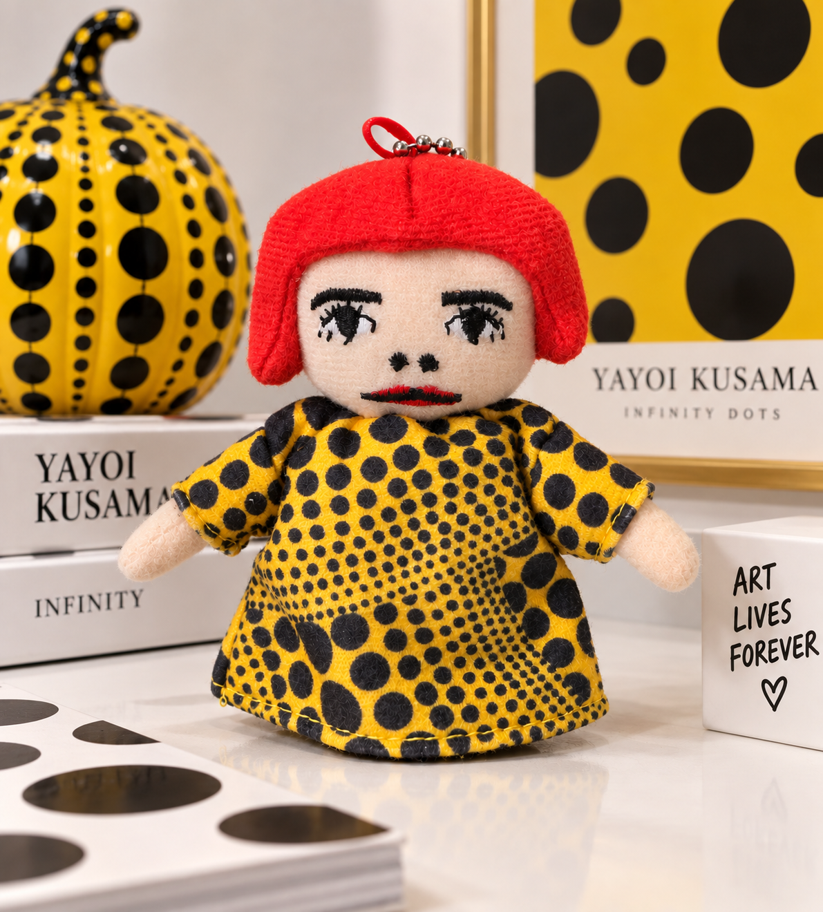 Yayoi Kusama custom made plush keychain with red bob and yellow black polka dot dress