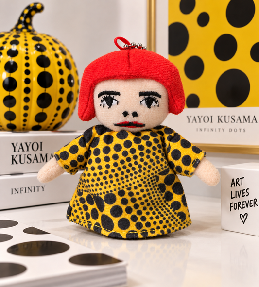 Yayoi Kusama custom made plush keychain with red bob and yellow black polka dot dress