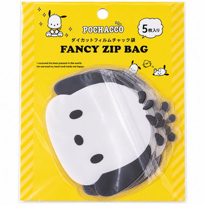 Official Sanrio Pochacco Fancy Zip Bags, pack of five Japanese die-cut resealable storage bags featuring Pochacco's face in bright yellow illustrated packaging.