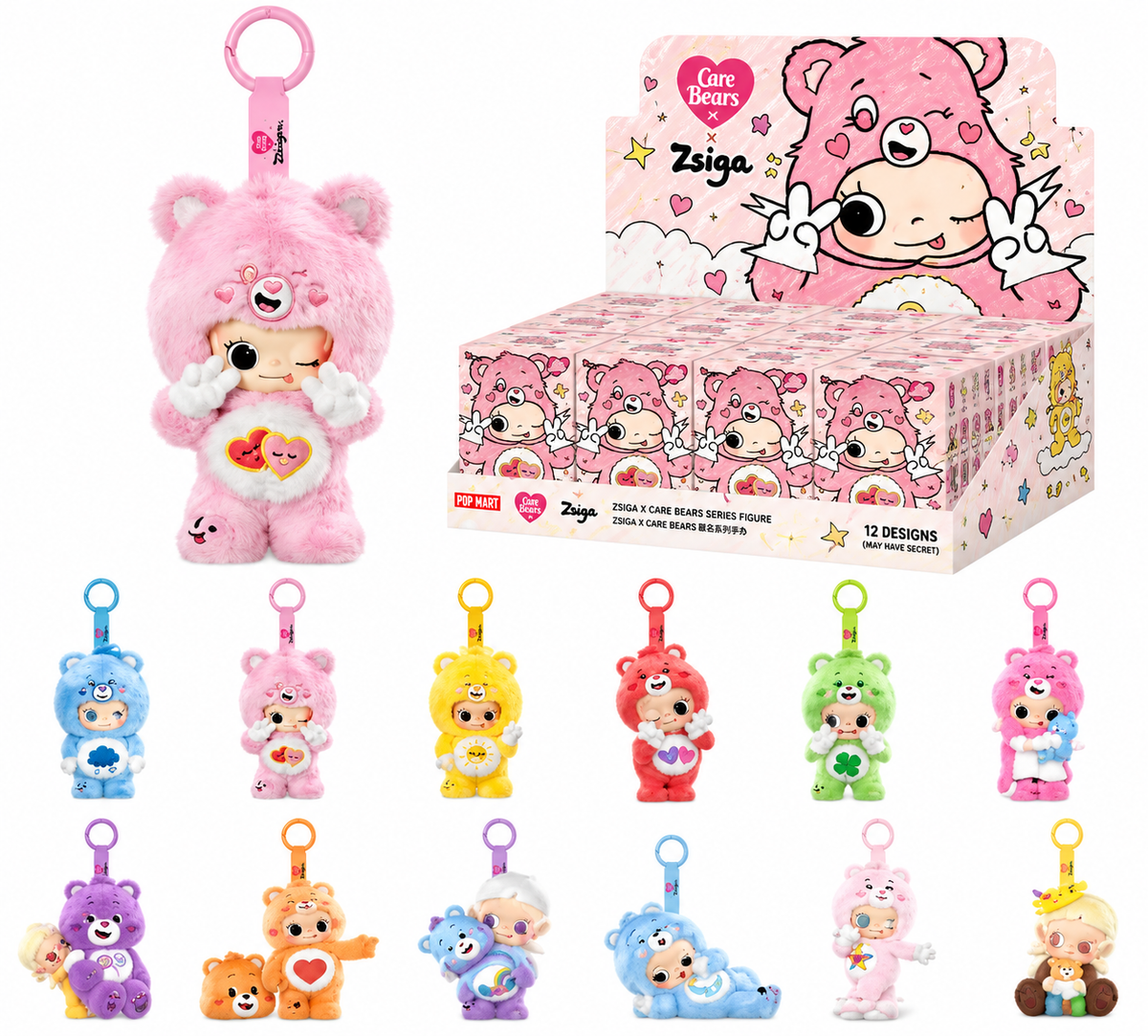 Pop Mart Zsiga × Care Bears blind box collection featuring colourful collectible figures and original illustrated packaging.