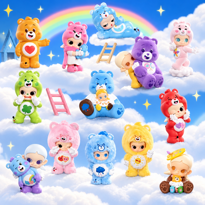 Pop Mart Zsiga × Care Bears collectible figures displayed amongst fluffy clouds, stars and a rainbow, featuring pink, blue, yellow, purple and green Care Bears designs.