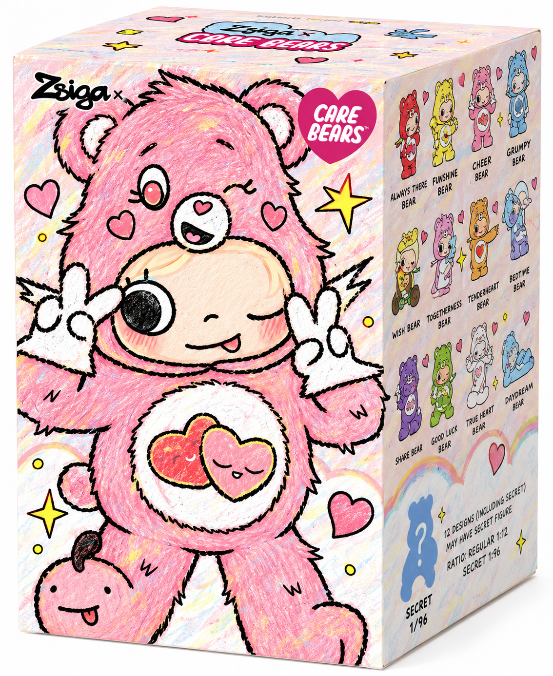 Pop Mart Zsiga × Care Bears original pink blind box packaging for the True Heart Bear collectible figure.