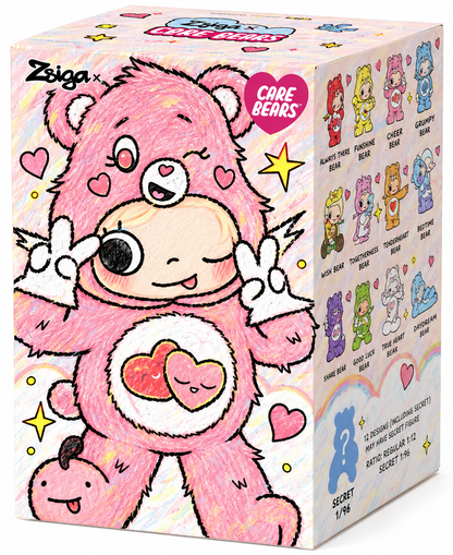 Pop Mart Zsiga × Care Bears original pink blind box packaging for the True Heart Bear collectible figure.
