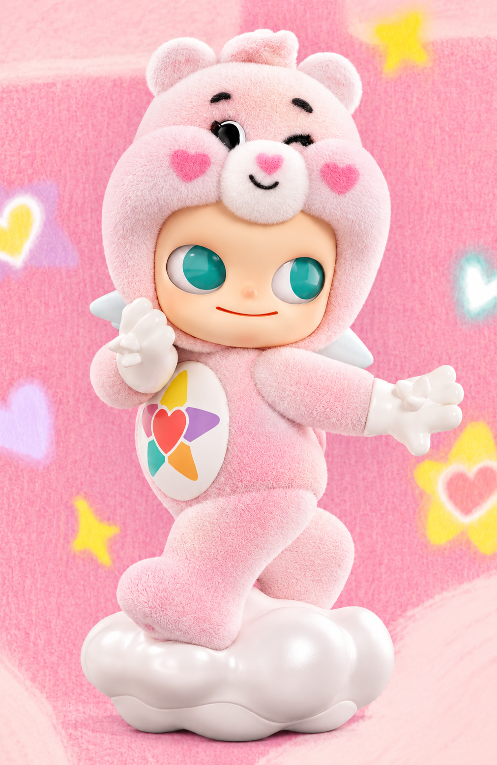 Pop Mart Zsiga × Care Bears True Heart Bear confirmed collectible figure wearing a fluffy pastel pink bear costume with heart details and tiny wings.